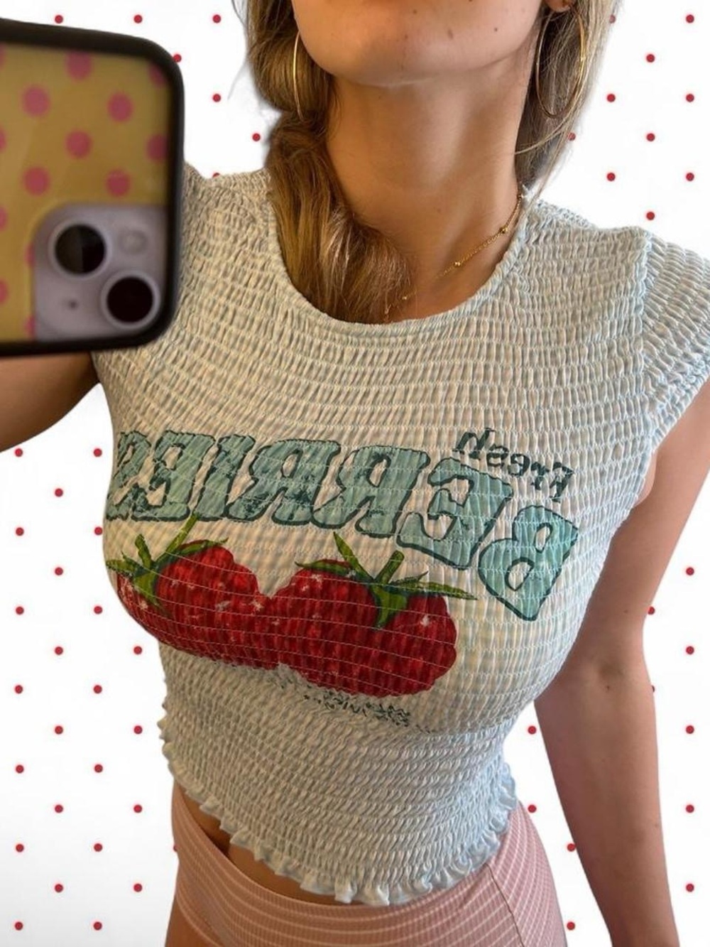 wild fable Light Blue Smocked Crop Top with Red Cherry Graphic
